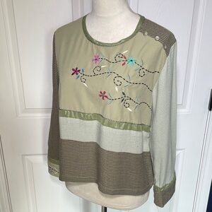Faith by Celia Forrester Embroidered Floral Patchwork Long Sleeve Top Sage Taupe